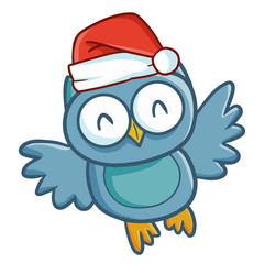 Cute and funny blue owl wearing Santa's hat for Christmas flying and smiling - vector.