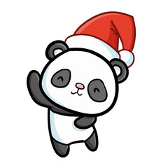 Obraz premium Funny and cute dancing panda wearing Santa's hat for Christmas and smiling - vector.