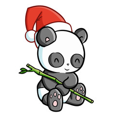 Cute and funny panda wearing Santa's hat for Christmas sitting and smiling - vector.