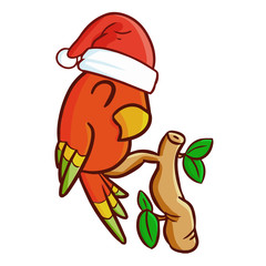 Cute and funny red parrot on branch wearing Santa's hat for Christmas and smiling - vector.