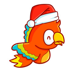 Cute and funny colorful parrot wearing Santa's hat and smiling - vector.