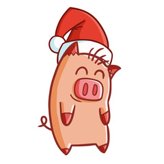Cute and funny pig wearing Santa's hat and smiling - vector