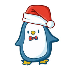 Funny and cute blue penguin wearing Santa's hat for Christmas and smiling - vector.
