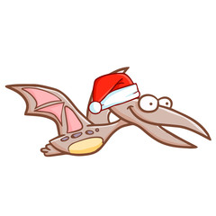 Cute and funny pteranodon wearing Santa's hat and smiling - vector. © ogieurvil