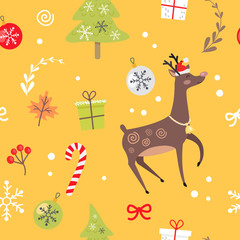 Seamless Pattern with Reindeer, Christmas Candies