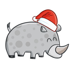 Funny and cute rhino wearing Santa's hat and smiling - vector.