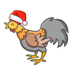 Funny and cute brown grey rooster wearing Santa's hat for Christmas and smiling - vector.