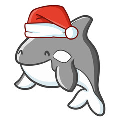 Cute and funny grey shark wearing Santa's hat for Christmas and smiling - vector.