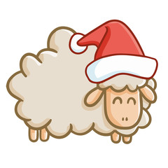 Cute and funny grey sheep wearing Santa's hat for Christmas and smiling - vector.