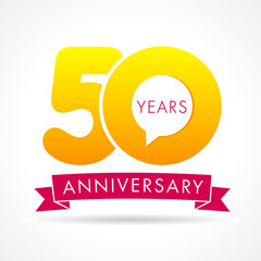 50 years anniversary communication logo. 50th year birthday logotype label, yellow vector number sign and pink ribbon isolated