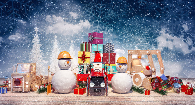 Christmas Background With Santa Clause, Snowman And Toys With Presents 3D Rendering