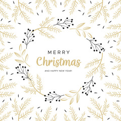 Merry Christmas and Happy New Year greeting card with black and gold branches and pine cones.