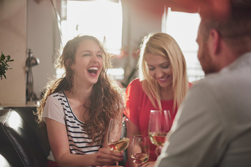 Group of good friends drinking wine and having a dinner at home