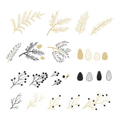 Set of Christmas elements for typographic design. Leaves, branches, berries in black and gold colour scheme. Vector illustration in modern style.