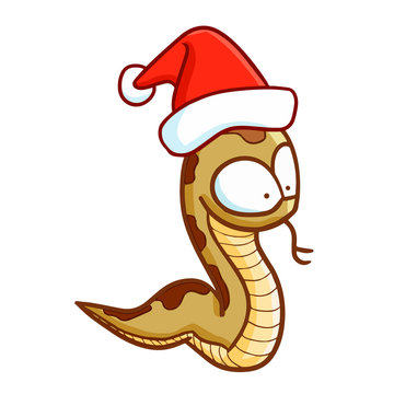 Cute and funny snake wearing Santa's hat and smiling - vector.