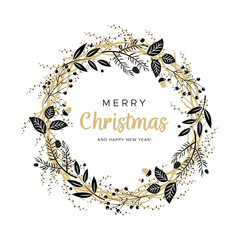 Christmas wreath with black and gold branches and pine cones. Unique design for your greeting cards, banners, flyers. Vector illustration in modern style. - obrazy, fototapety, plakaty