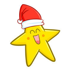 Cute and funny star wearing Santa's hat and smiling - vector.