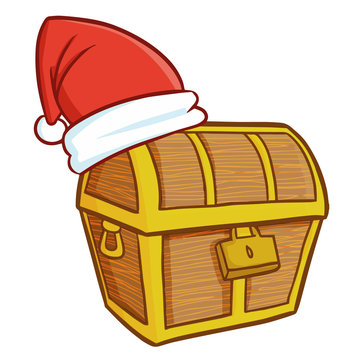 Cute and funny treasure chest wearing Santa's hat - vector