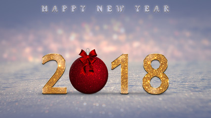 2018 Happy New Year card with golden, sparkle numbers, red Christmas ball on snow with colorful bokeh lights in the background. New Year's eve illustration with glitter text