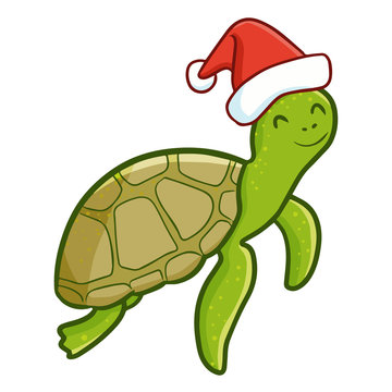 Cute and funny adult turtle wearing Santa's hat for Christmas swimming and smiling - vector.