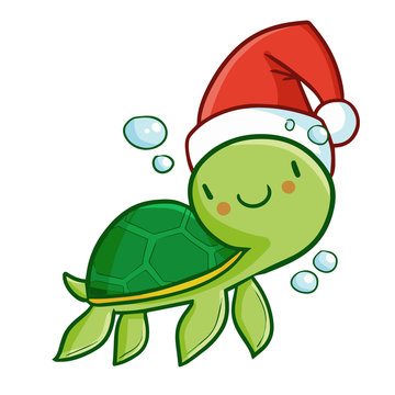 Cute and funny green baby turtle wearing Santa's hat for Christmas swimming and smiling - vector.