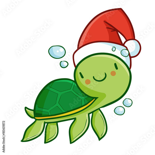 "Cute and funny green baby turtle wearing Santa's hat for Christmas