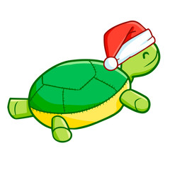 Funny and cute turtle doll wearing Santa's hat for Christmas and smiling - vector.