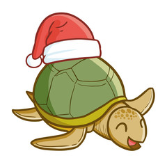 Cute and funny old turtle wearing Santa's hat for Christmas and smiling - vector.