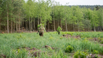 Camouflaged soldiers in forest during early spring on patrol