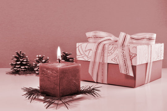 Monochrome Christmas background, vintage greeting card with burning candle