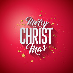 Merry Christmas Typography Illustration with 3d Holiday Element and Long Shadow on Shiny Red Background. Vector Design for Greeting Card, Party Invitation Poster or Promo Banner.