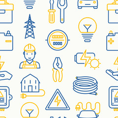 Electricity seamless pattern with thin line icons: electrician, bulb, pylon, toolbox, cable, electric car, hand, solar battery. Vector illustration for banner, web page, print media.