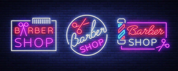 Vector collection logos neon sign barber shop for your design. For a label, a sign, a sign or an advertisement. Hipster Man, Hairdresser Logo. Neon billboard, brightsign, luminous banner