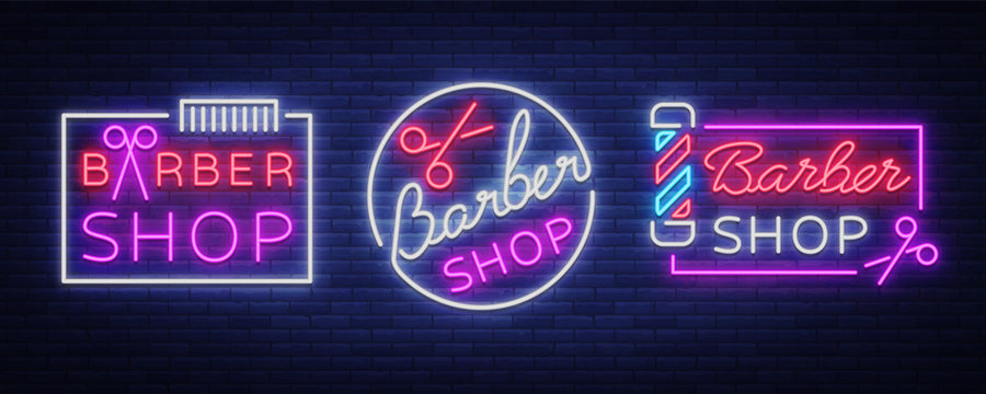 Vector collection logos neon sign barber shop for your design. For a label, a sign, a sign or an advertisement. Hipster Man, Hairdresser Logo. Neon billboard, brightsign, luminous banner