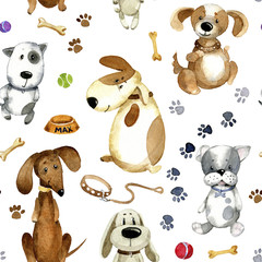 Watercolor seamless pattern. Different  cartoon dogs and accessories.