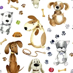 Wallpaper murals Dogs Watercolor seamless pattern. Different  cartoon dogs and accessories.