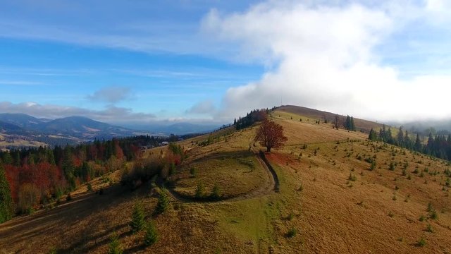 Aerial View. Flying over the high autumn mountains in beautiful clouds . Aerial camera shot. Air clouds