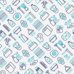 Hygiene seamless pattern with thin line icons: hand soap, shower, bathtub, toothpaste, razor, shaving brush, sanitary napkin, comb, ball deodorant, mouth rinse. Vector illustration.