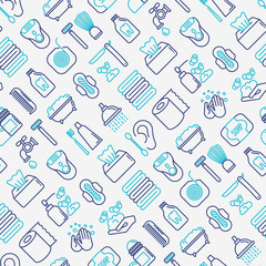 Hygiene seamless pattern with thin line icons: hand soap, shower, bathtub, toothpaste, razor, shaving brush, sanitary napkin, comb, ball deodorant, mouth rinse. Vector illustration.