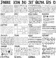 MEGA set of doodles vector. Super collection of party, sport, bubble, business, shopping, info, music, insect, banner, frame, heart, font, arrow, house, people, tree, christmas, school, summer, cactus © veekicl