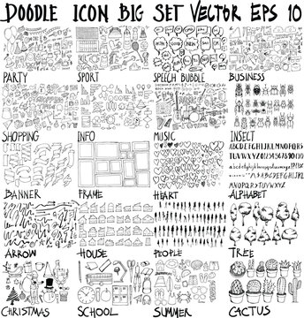 MEGA set of doodles vector. Super collection of party, sport, bubble, business, shopping, info, music, insect, banner, frame, heart, font, arrow, house, people, tree, christmas, school, summer, cactus