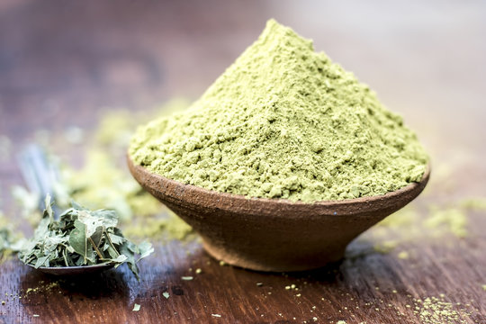 Raw organic powder of Henna,Lawsonia inermis in a clay bowl with its dry leaves on wooden surface.