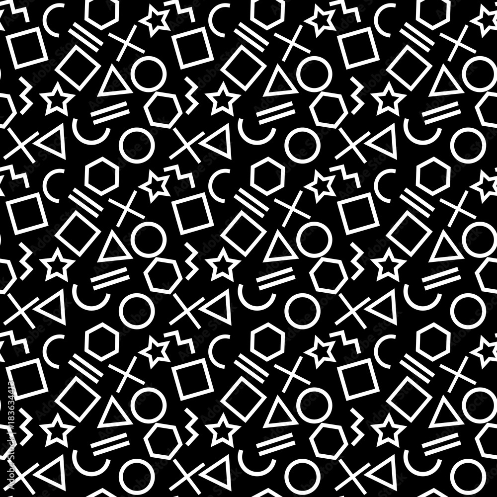 Poster stylish seamless pattern of simple white geometric shapes on black background. modern abstract vecto