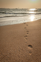 beach, wave and footprints at sunrise time