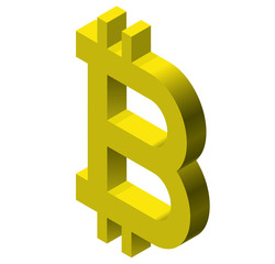 Gold bitcoin mark in isometric perspective. Modern symbol, cryptocurrency in minimalist stylization. Graphic icon of virtual digital currency, internet investing. Cloud mining brand, electronic money