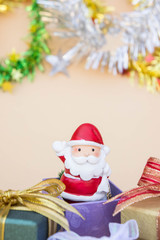 santa claus doll christmas background and gift box and copy space