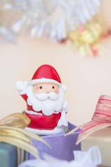 santa claus doll christmas background and gift box and copy space
