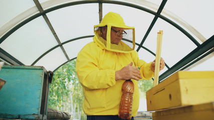Beekeeper man watering wooden frame with sprayer and set up in beehive in apiary