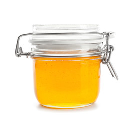 Jar with aromatic honey on white background