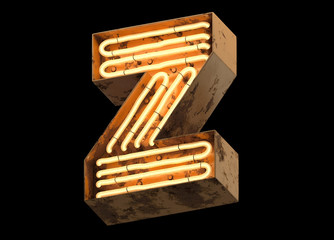 Metallic orange neon font covered with rust.